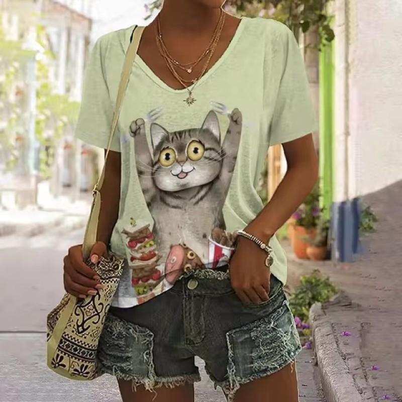 Fashionable And Simple  Summer Oversized Comfortable T-shirt Design Inspired Geometric Pattern Printed Women's V-neck Top