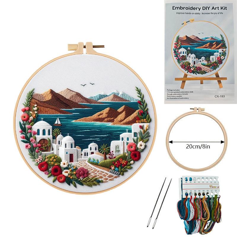 1set Spring/Summer Mountain and Sea Series Embroidery DIY Material Kit, including tools, suitable for beginners. Hand embroidery fabric materials.
