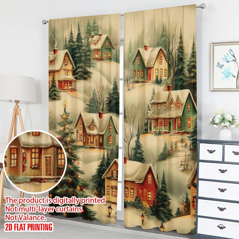 2pcs 2D flat printing Merry Christmas Trendy Curtains Cozy Snow Village Houses Digital Printed Polyester Drapes Family Party Use