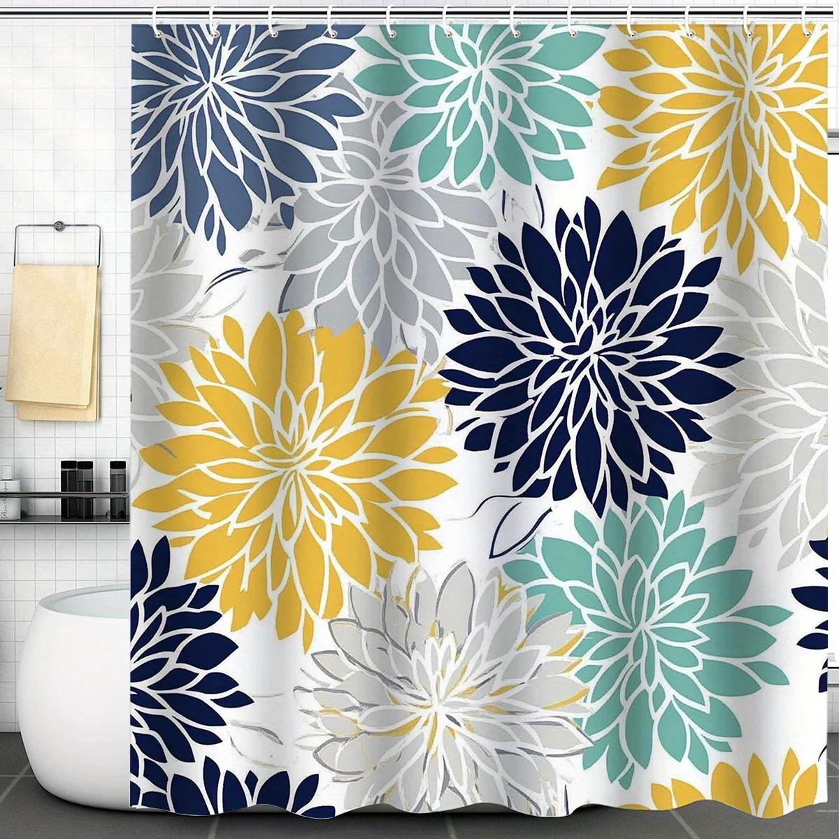 

Dahlia Pinnata Floral Shower Curtain Set - Navy Blue, Teal & Yellow |Polyester Bathroom Decor With Hooks | Machine Washable W60H190(CM)-1 Pcs