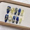 Blue Starry Sky Hand-Painted Whitening Medium-Long Fake Nail Tips - High-Quality Handmade Wearable Nails