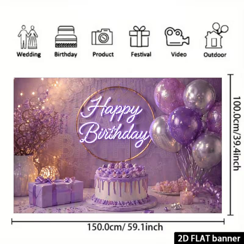 2D Neon Sign Style Purple Happy Birthday Backdrop Banner Party Decoration