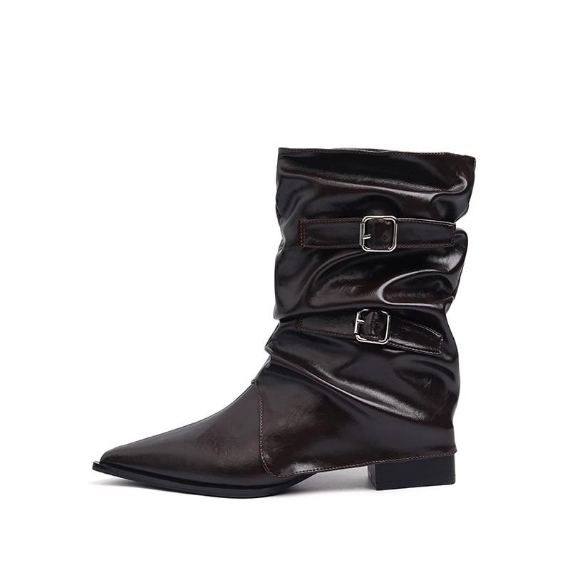 Cowhide Version~ Pointed Western Cowboy Boots Women's Autumn and Winter Thin Maillard Short Boots Retro Low-heeled Medium Tube Knight Boots