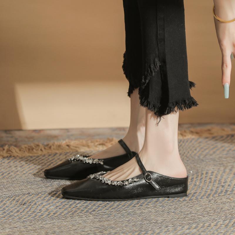 Cowhide version~ inner height increase 3CM pointed head silver rhinestone bag head half slippers women's shoes outer wear 2025 spring and summer metho