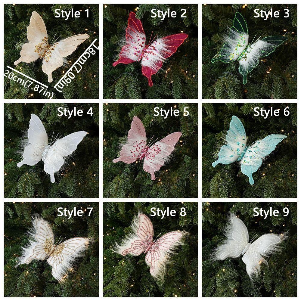 Clip-On Christmas Butterfly Ornaments Flocking Finish Xmas Butterfly Clip Decor  Holiday Party
