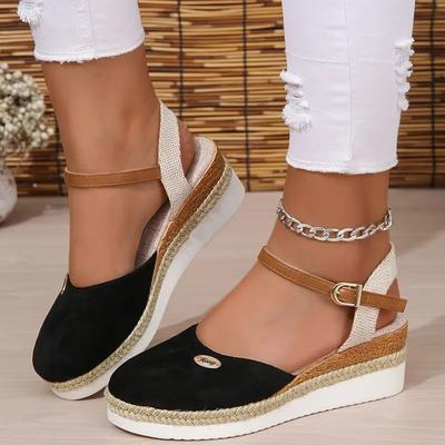 Damen-Plateau-Sandalen mit Farbblock-Muster, Knöchelriemen mit Schnalle, bequeme Slingback-Schuhe, vielseitige Keilschuhe mit geschlossener Spitze