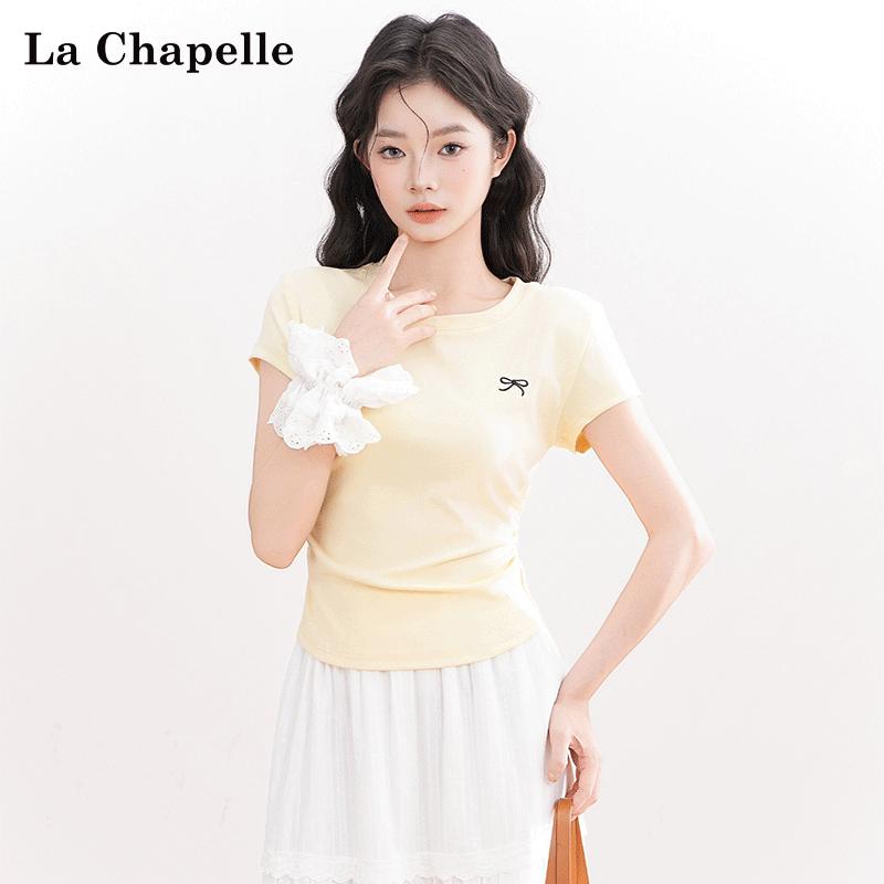 La Chapelle Women's Pleated Bow Embroidery Short Sleeve T-Shirt