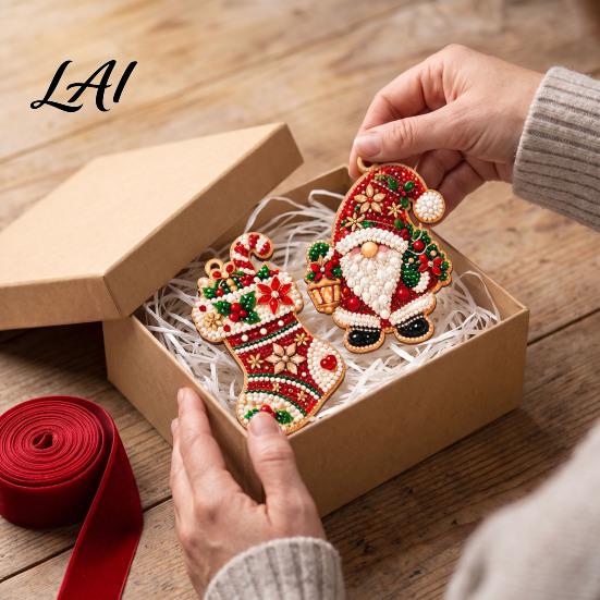 Christmas Theme Faux Diamond 10 Pcs DIY Kit Painting Art Ornaments, Pearl Beads Complete