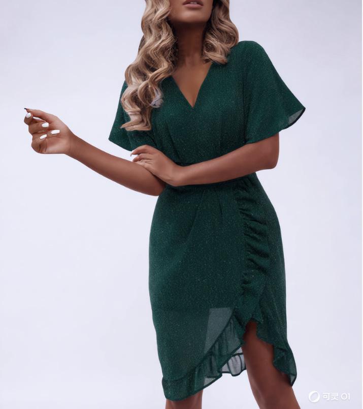 2026 Spring Fashion V-neck Solid Color Dress for Women in Cross-border E-commerce M зелёный