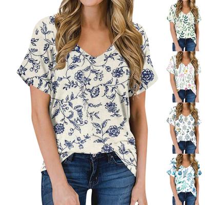 Women's Summer Fashion Casual Print V Neck Short Sleeve Top Blouse
