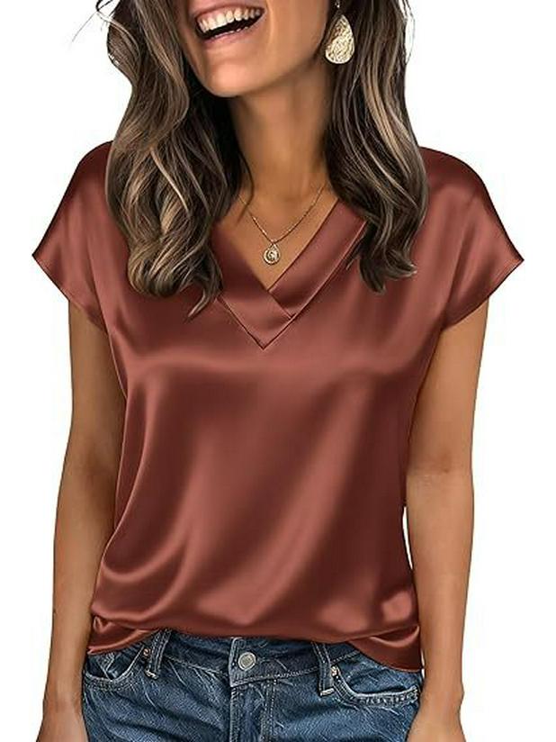 2026 Vår/Sommar Elegant Silke V-ringad Kortärmad Dam T-shirt