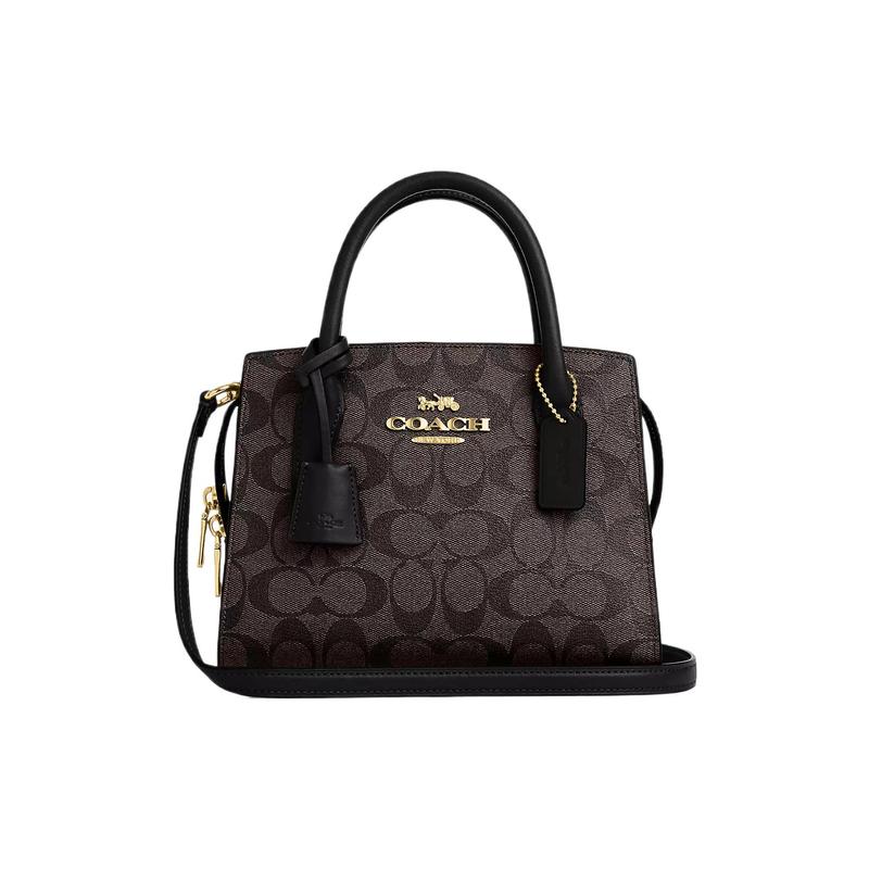 

COACH handbag ANDREA CARRYALL 22 Large Capacity Classic Presbyopia Coated Canvas and Smooth Leather Tote Bag Tote Bag Shopping Bag Shoulder Small коричневий