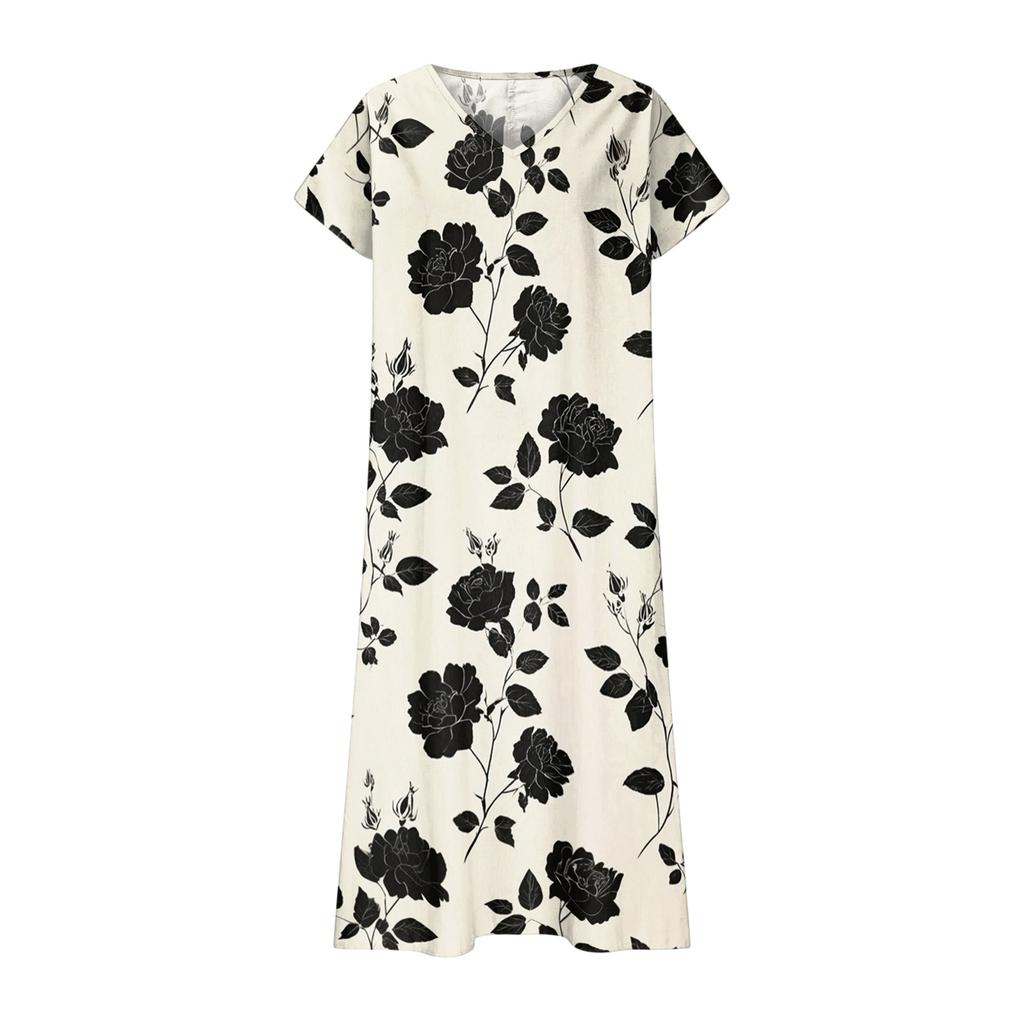 Fashionable Women's Summer V-neck Short Sleeved Retro Floral Print Beach Dress