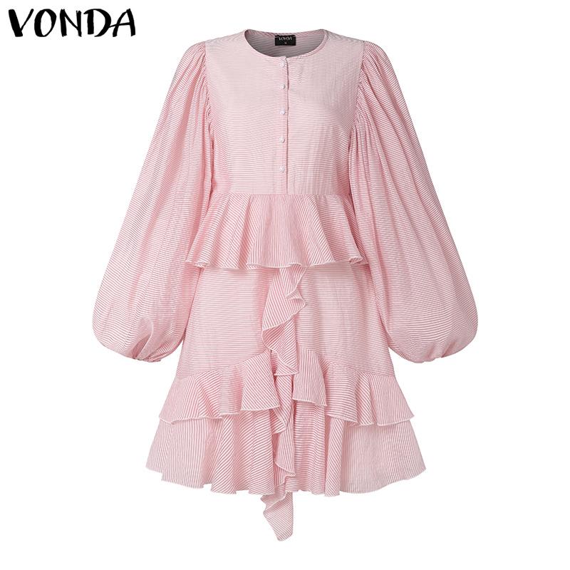 VONDA Abiti da donna alla moda, tinta unita, con scollo rotondo e volant, maniche lunghe