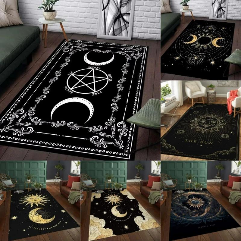 Tapete de Altar de Bruxa Pentagrama Sol Lua Tapete para Sala de Estar Decoração Gótica Tapetes de Área para Mesa de Sofá Capacho Grande Tapete de Chão Antiderrapante