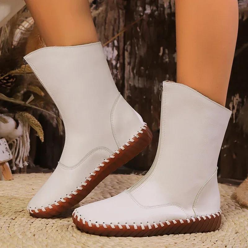 

Fashion Front Zipper Short Plush Ankle Boots Women Autumn Winter 2025 Flat Bottom Waterproof Western Boots Woman Short Botas Botines 36 бежевый