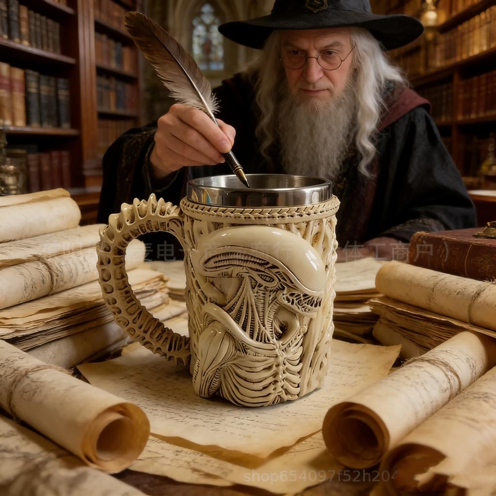 Gotycki Kreatywny Żywica Stal Nierdzewna Kubek 3D Płaski Transfer Ciepła Obcy Kubek Kawy Do Wystroju Domu i Biura Spersonalizowane Prezenty