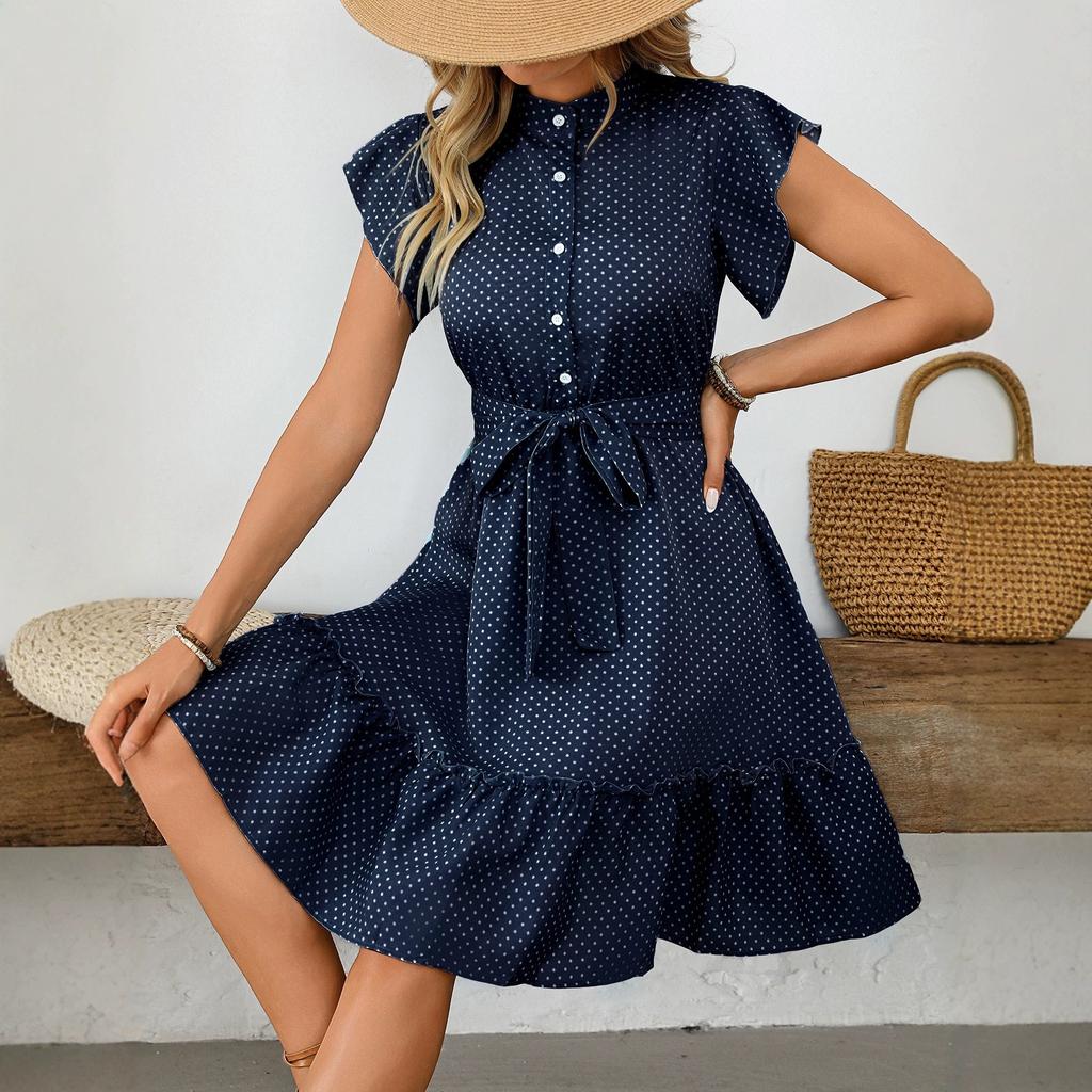 Holiday Style Polka Dot Dress Summer European and American Temperament Lotus Leaf Short Sleeve Tie Button A-shaped Skirt Women