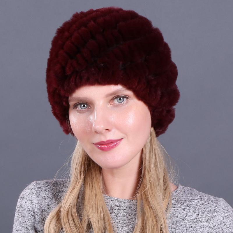 Damen Winter Pelzmütze Rex Kaninchenhaar gestrickte Spirale Ananas verdickte warme Mütze