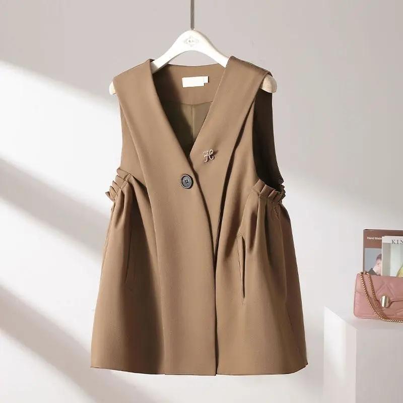 Damen Westenmantel Frühling Ärmellos Mode Damen Weste Jacke Koreanische Version Temperament Einfarbig Dame Pferdeclip