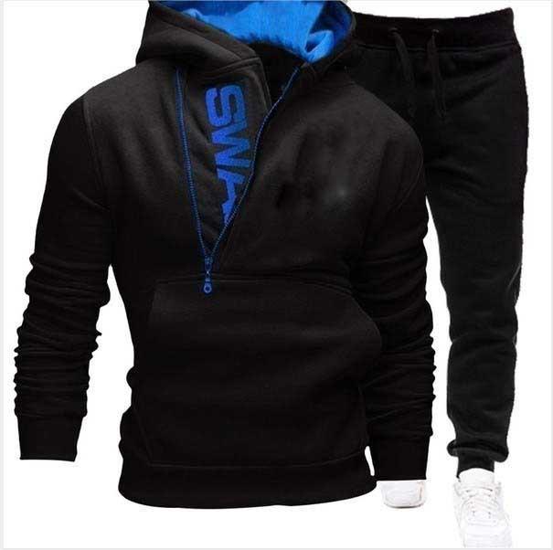 New Batch of New Style Pullover Side Zipper Contrasting Color Hooded Men's Velvet Sweatshirt Suit