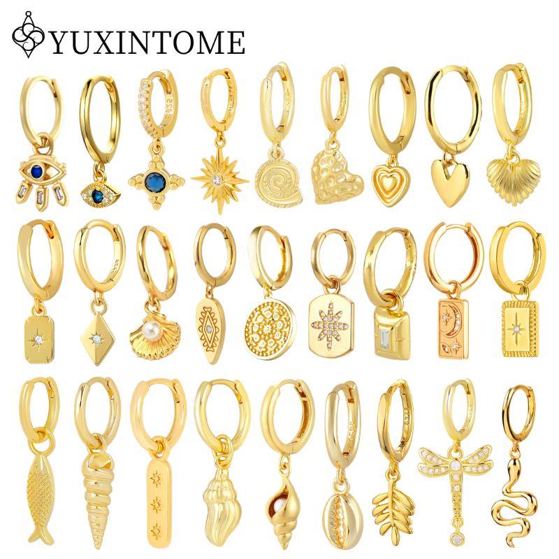 YUXINTOME 925 Silver Ear Needle Zircon Hoop gold Earrings For Women Square Plate Pendant Cutout Heart Earrings Fashion Jewelry