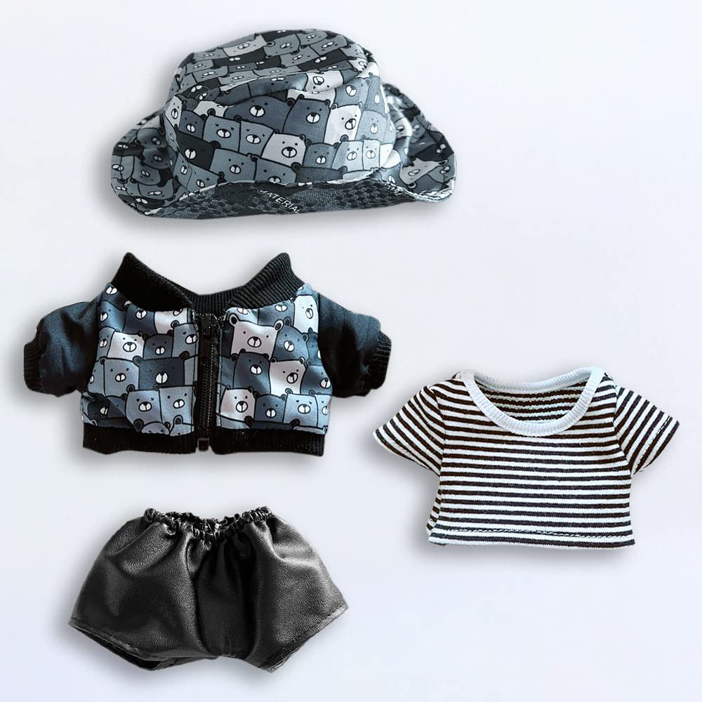 Niannyyhouse 20cm Doll Clothes Cotton Doll Clothes Bear Pattern Hat Coat Striped T-Shirt Leather Pants Doll Baby Clothes Dress Up Stuffed Animal (B)