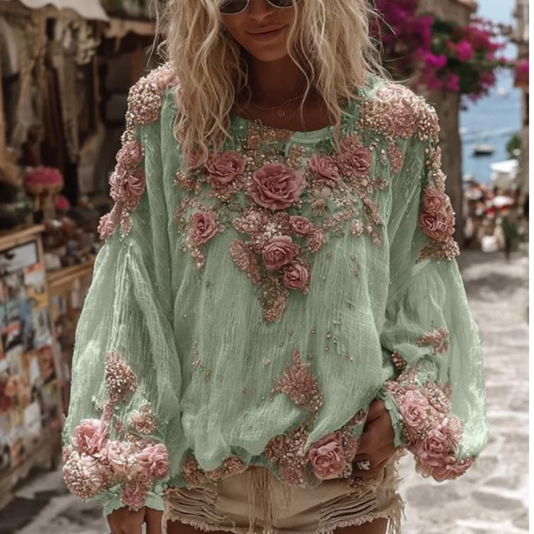 2025 Women's Loose Long-Sleeve 3D Print High-Sense Top – Versatile and Stylish