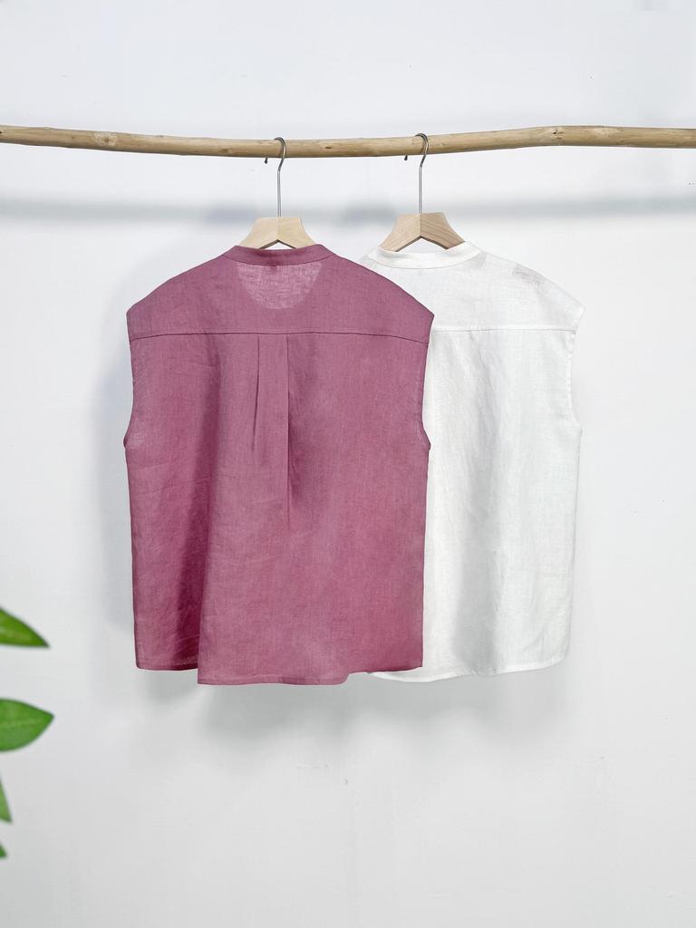 Literary Retro Women's Sleeveless Linen Embroidered Blouse - Summer Stand Collar Loose Fit, Slimming Plus Size.