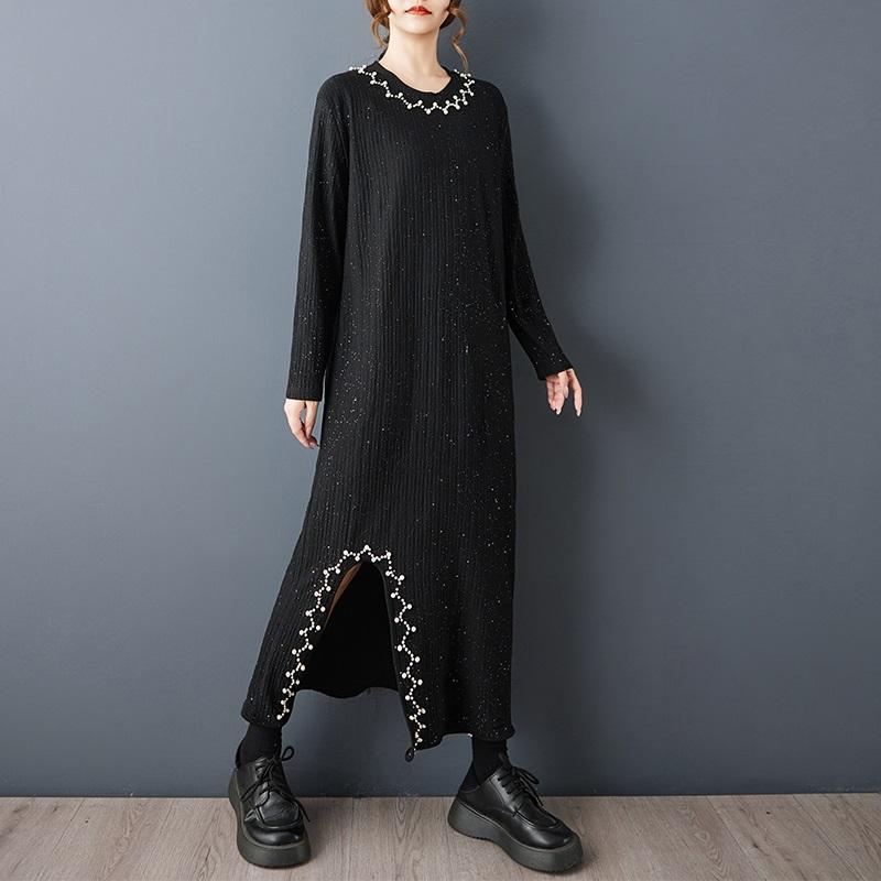 Rochie tricotată neagră vintage mărime plus cu mânecă lungă nouă în rochii pentru femei casual largă de primăvară toamnă iarnă