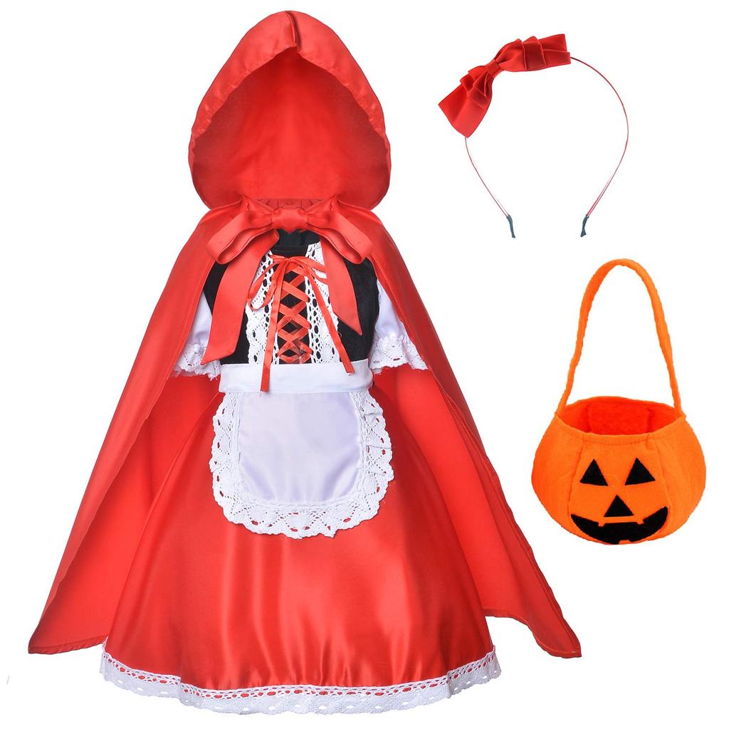 Little Red Riding Hood Costume Set - Red Cape, Pumpkin Bag, Headpiece, 100CM, for Carnival, Halloween, Christmas, Role Play