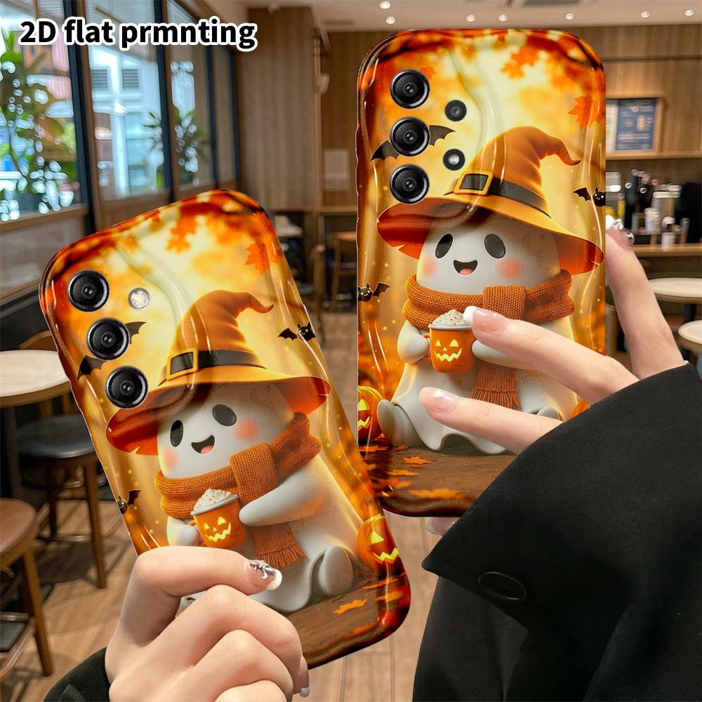 Phone Case: 2D Samsung Galaxy A34 A35 M05 M06 S20 S22 S21 FE Plus 5G Case, Cute Little Ghost Drinking Hot Drink, Christmas and Halloween Gift