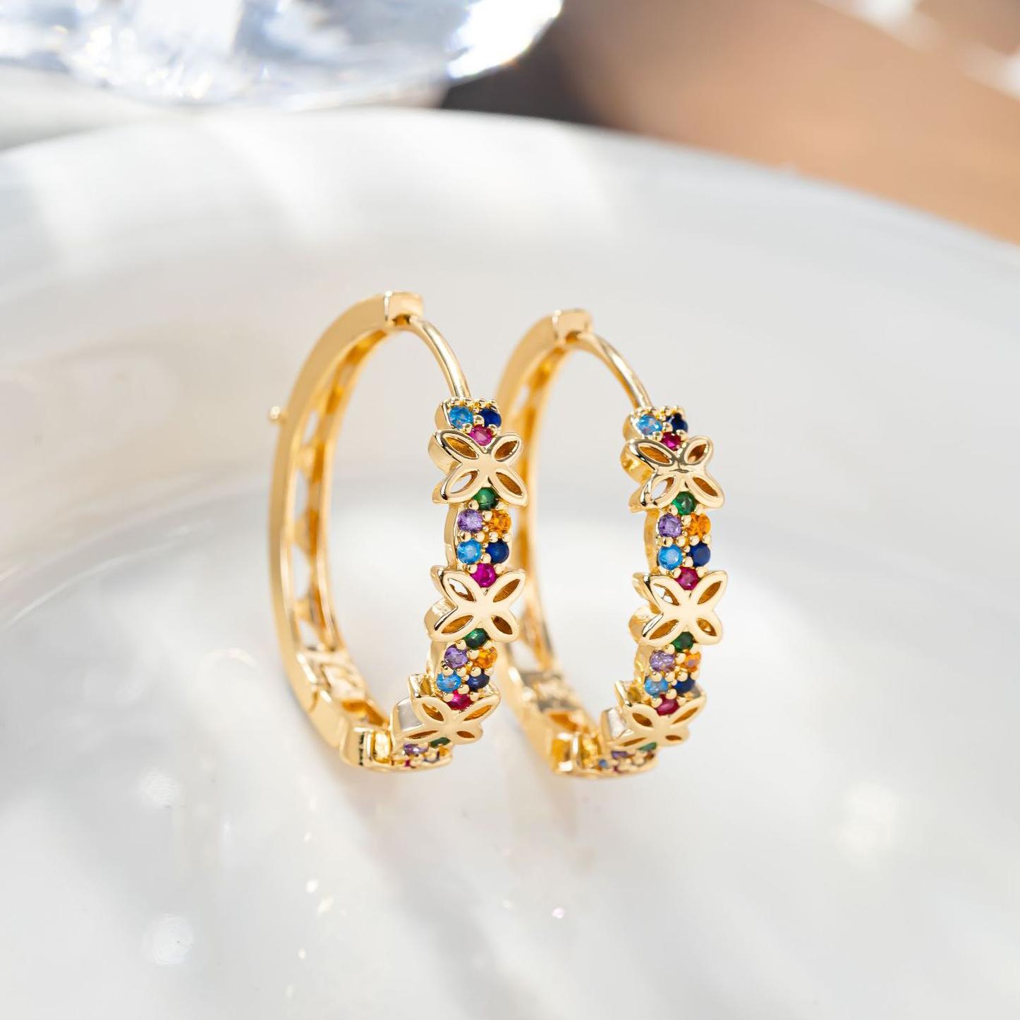 Lucky Star Jewelry Women's Statement Rainbow Flower Zircon Stone Hoop Earrings Luxury Glod Color Wedding Jewelry For