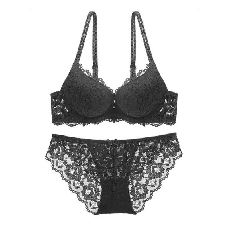 French Sexy Lace Bra Set,Push‑Up Bra Set for Small Bust,Gather Side Fat Lingerie Set