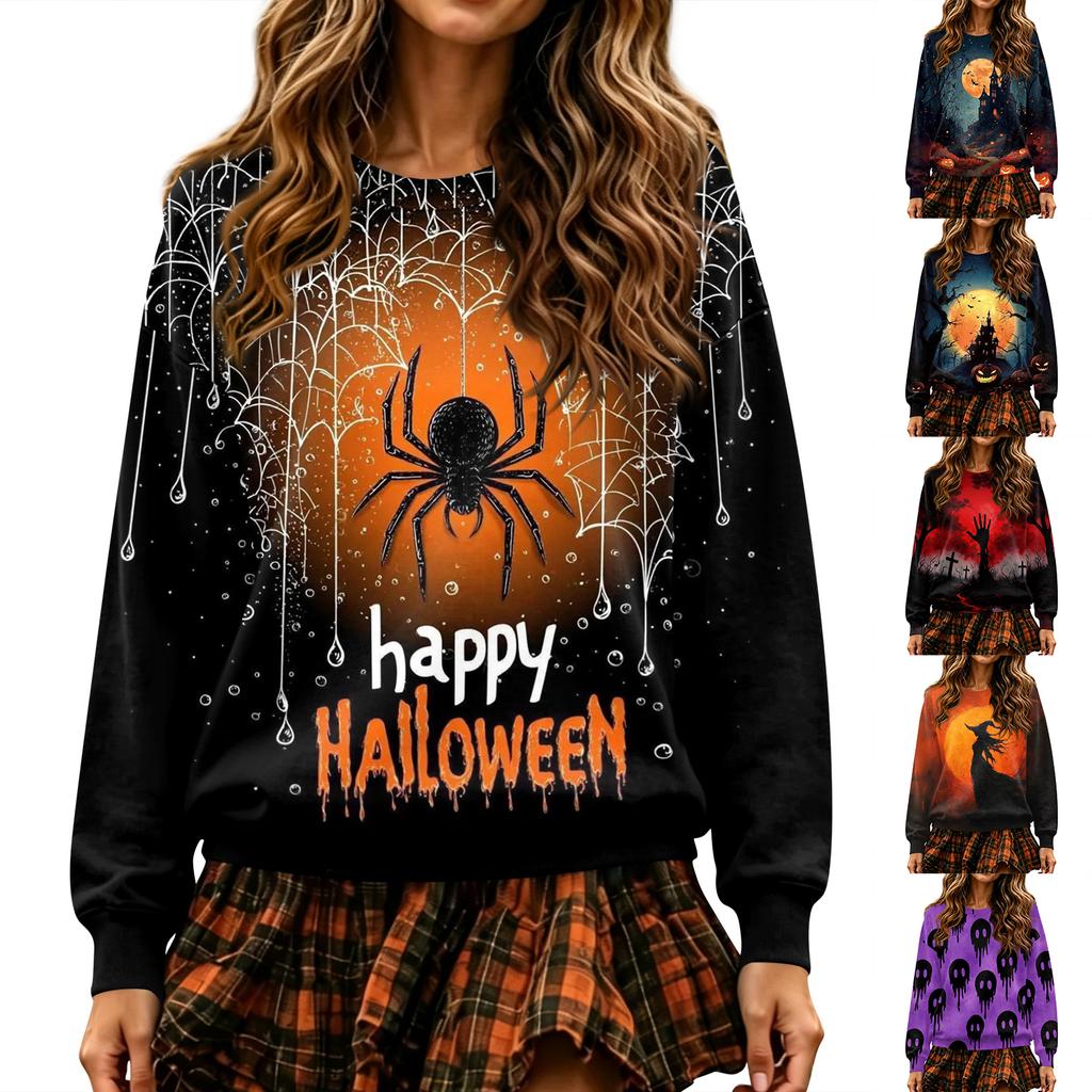 Women's Halloween Print Long Sleeve Neck Pullover Sweatshirt