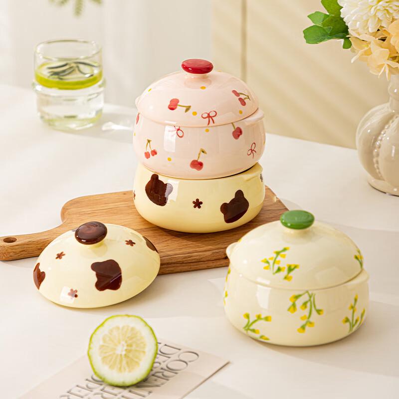 KANGMO 5-inch Cartoon Ceramic Stew Pot with Lid and Spoon