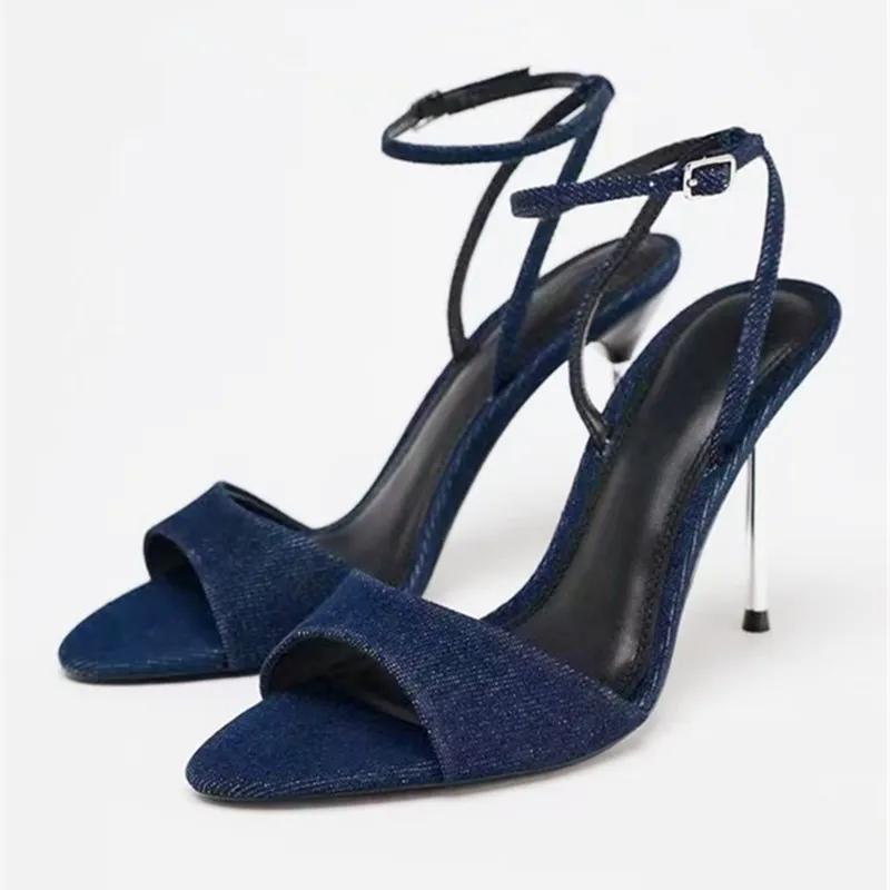 Fashion Denim Blue Thin Heeled Sandals Women Sexy Peep Toe Ankle Strap Buckle High Heels Summer Elegant Pumps Comfort Casual Sandalias