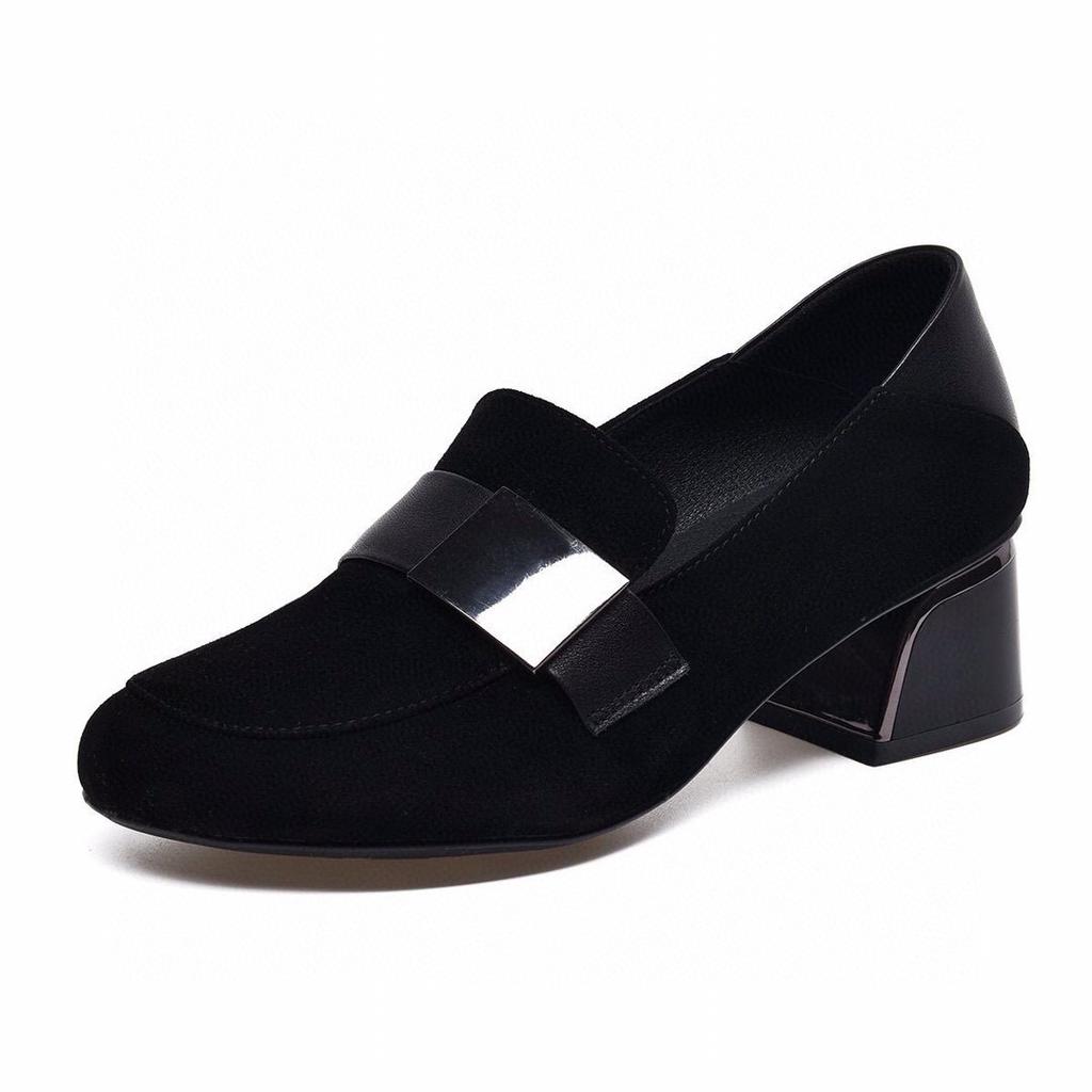 Medium heel single shoes women's shoes autumn new thick heel square buckle round head work shoes black sheepskin women's low-top shoes