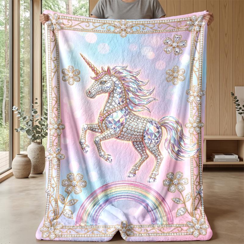 Cute Unicorn with Rainbow Blanket Personalized Name Flannel Blanket Soft Cozy Plush Throw for Sofa Bed Lightweight Home Decor