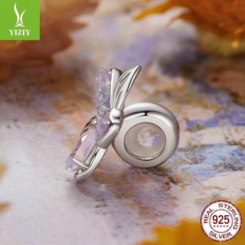 Purple Flower Diy Silicone Positioning Bracelet Beads, Sweet Girlish S925 Sterling Silver Beads