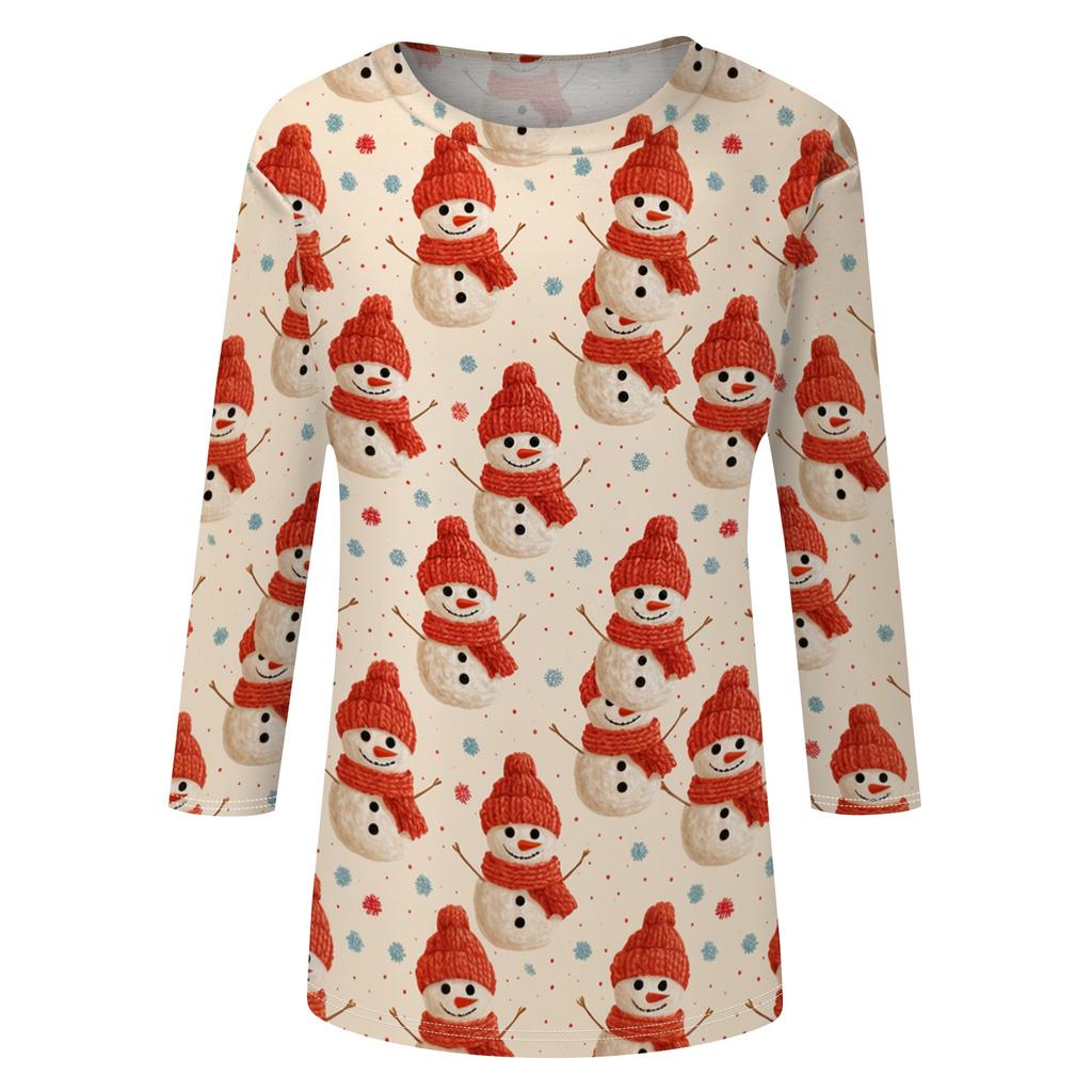 Women's Fashion Casual Christmas Print Three-Quarter Sleeve Neck T-Shirt