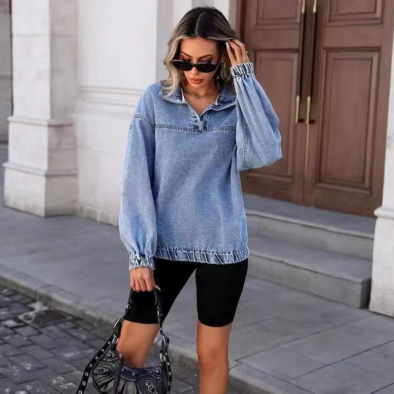Women's Washed Loose Round Neck Denim Jacket with Zipper – 2025 Autumn European and American Fashion Style
