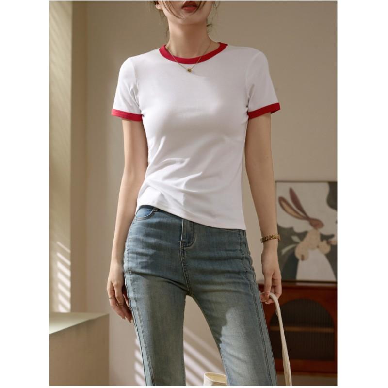 Dámské letní jednoduché barevné kolizní triko s krátkým rukávem tenké denní topy