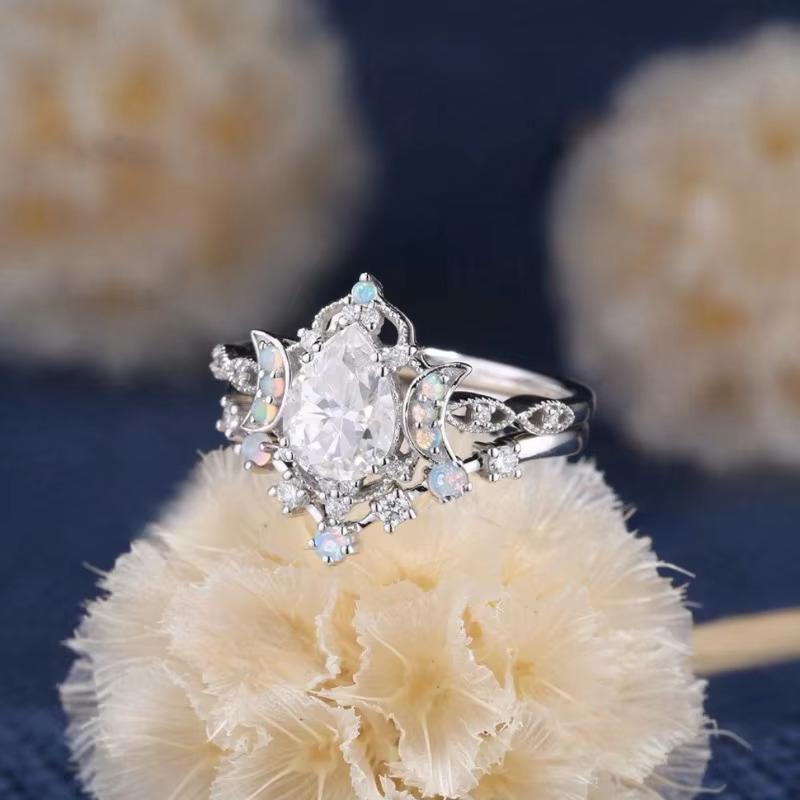 European and American new able moonstone embellishment versatile waterdrop zircon star moon double-layer women's ring