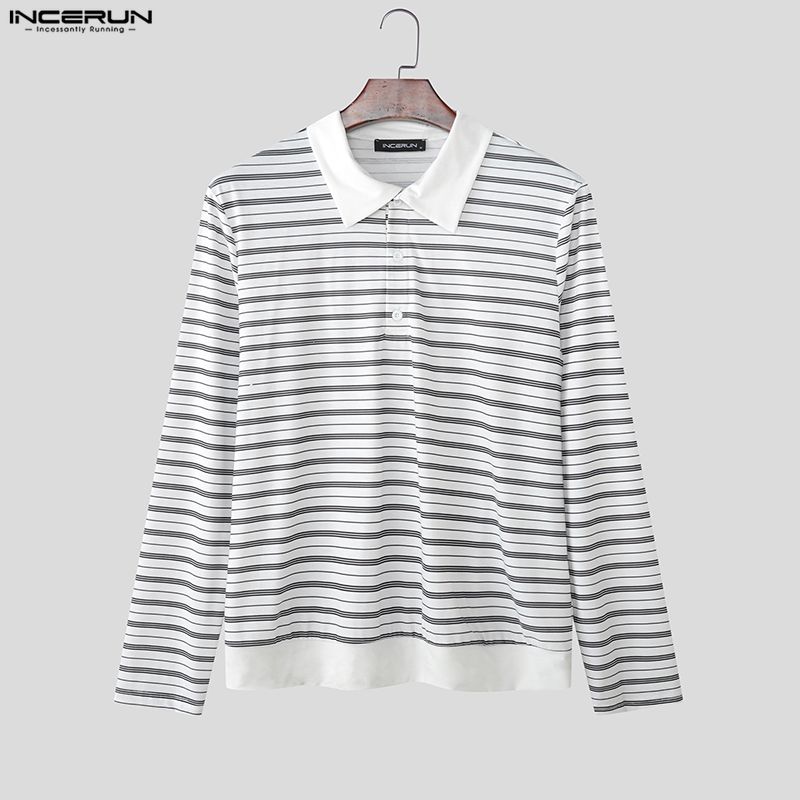 INCERUN Men Lapel Neck Long Sleeve Striped Patchwork Casual T-shirts Tops