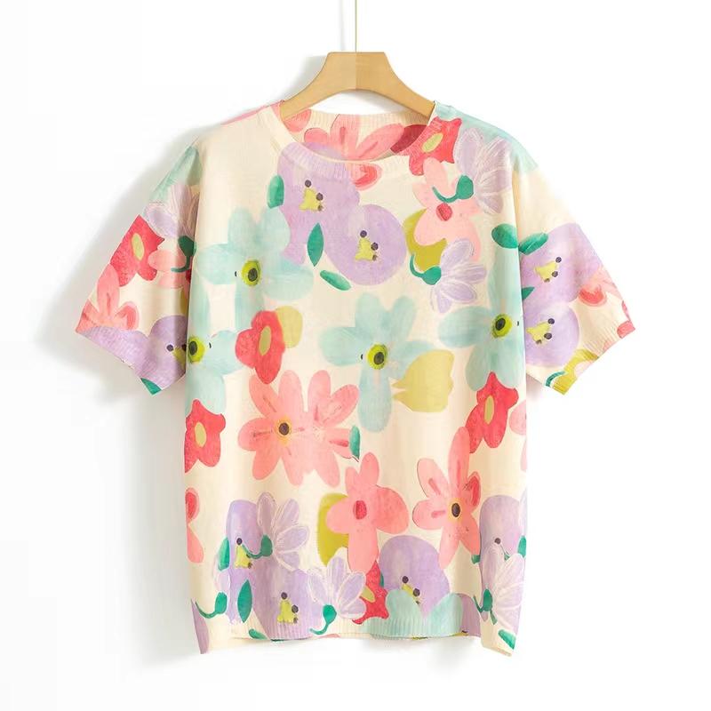 Womens Casual O Neck Knitted Short Sleeve Tops Spring Knitwear Pullovers Floral Printed Ladies Breathable TShirt