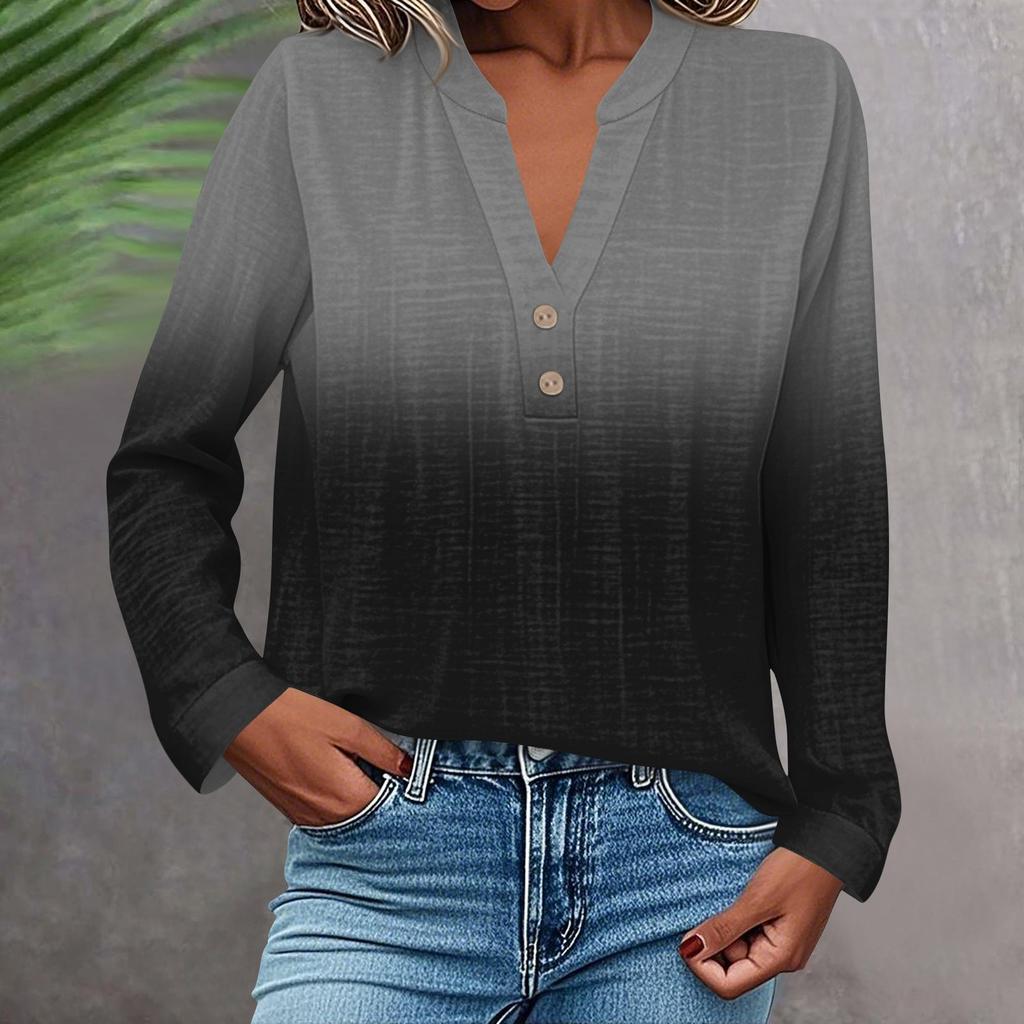Camisa de Moda y Casual para Mujer Manga Larga Cuello en V Botones Estampada Blusa Top