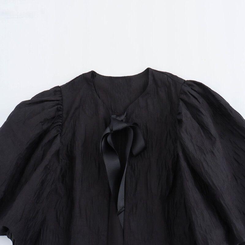 Fashion Style 2024 Summer New Arrival Women's Wrinkle Feeling Fashion Plaid Lantern Short Sleeve round Neck Top 1233484