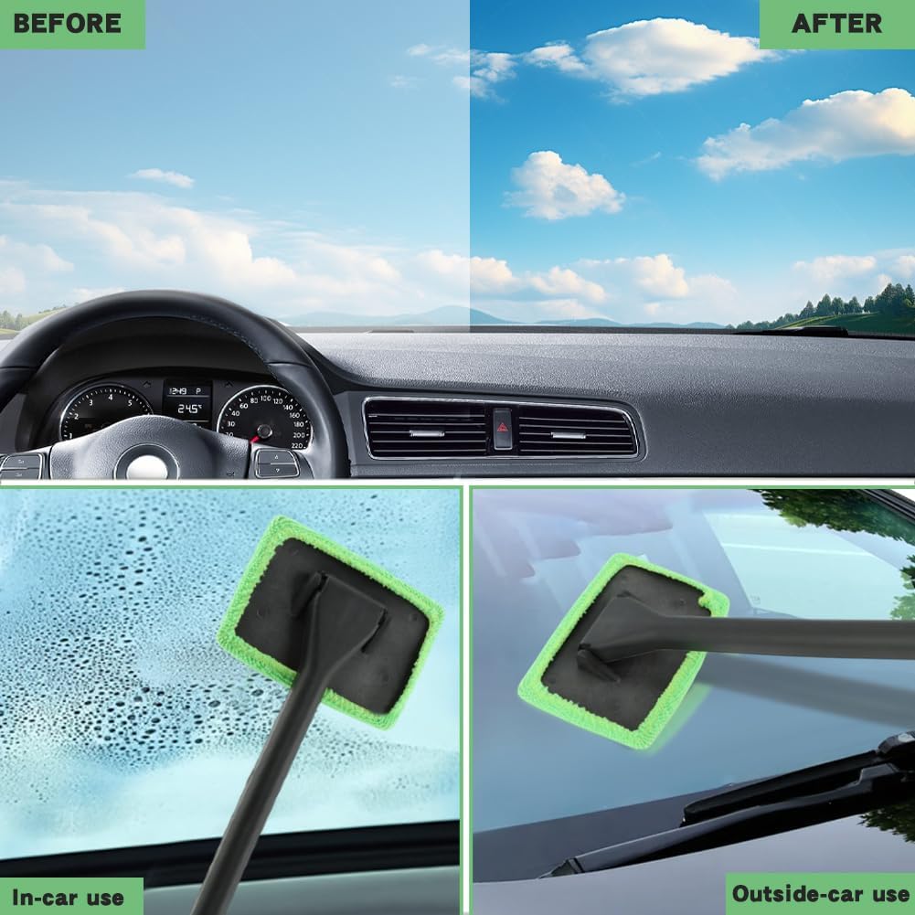Car Windshield Cleaning Tool, Windshield Cleaner with 5 Reble Microfiber Pads and Extendable Handle, Auto Glass Wiper Kit for Interior/Exterior Dirty