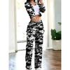 Fall Women Camo Print Crop Top Wide Leg Pants Casual Two Piece Set